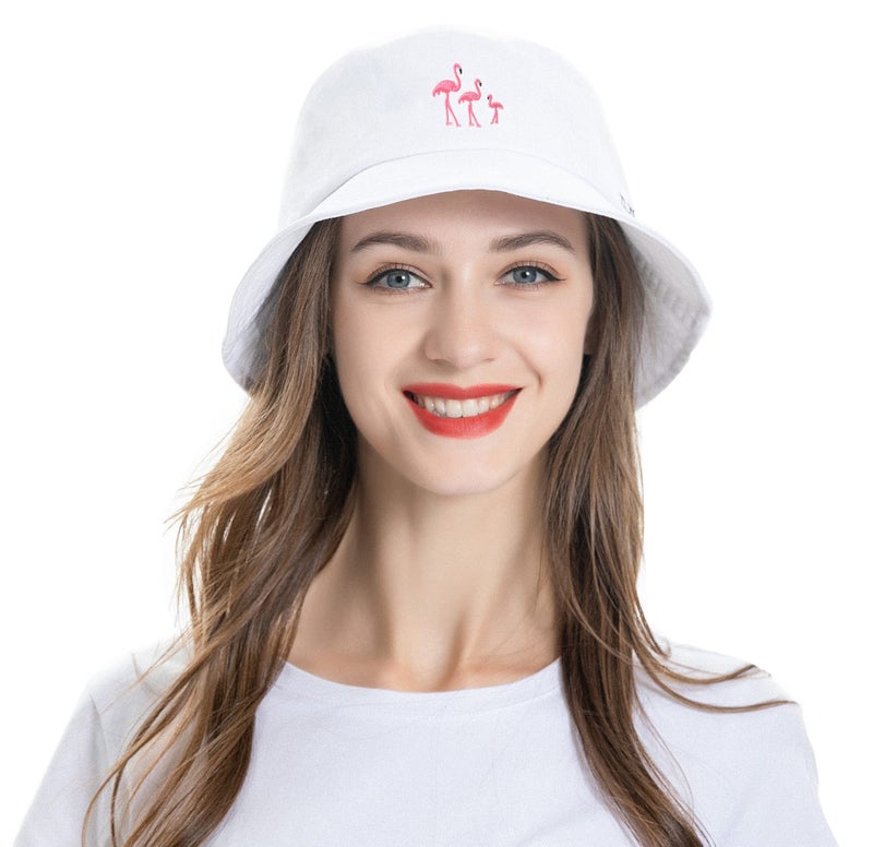 ZLYC Unisex Fashion Embroidered Bucket Hat Summer Fisherman Cap for Men Women Teens (White Flamingo) - Image 2